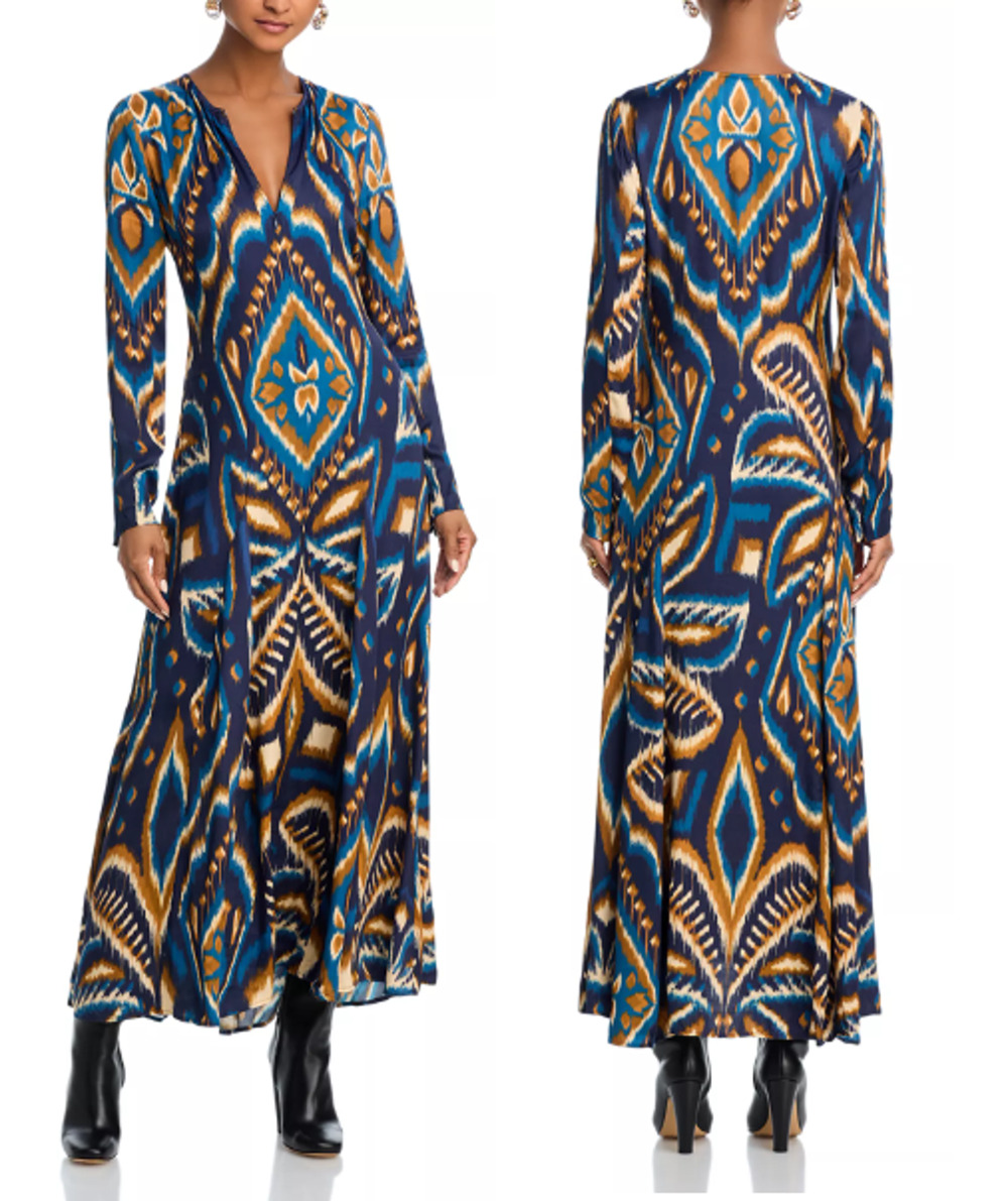 NWT FARM Rio Pineapple Ikat Long Sleeve V-Neck Maxi Dress Blue Women's Medium